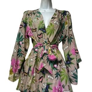 Fleur du Mal 100% Silk Robe Wrap Mini Dress Butterfly Floral Cannabis Print S/M